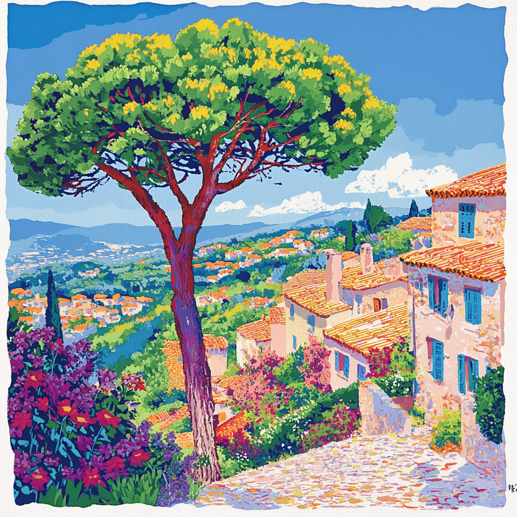 Very colorful risograph print of a Provencal village.