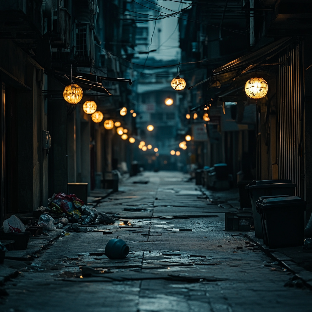 Very long street with dim lanterns, gloomy atmosphere.