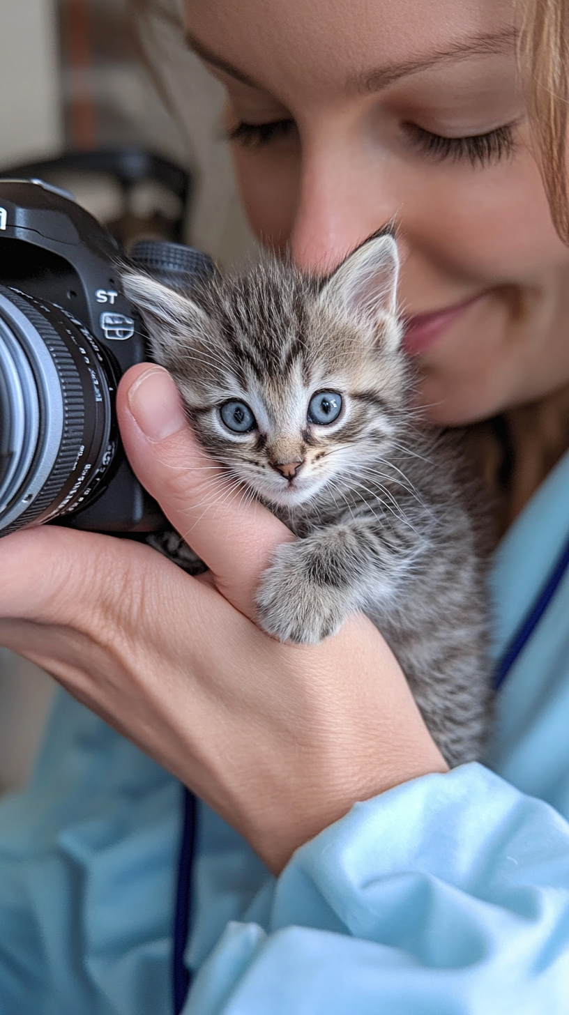 Vet examines kitten, takes photos in clinic setting