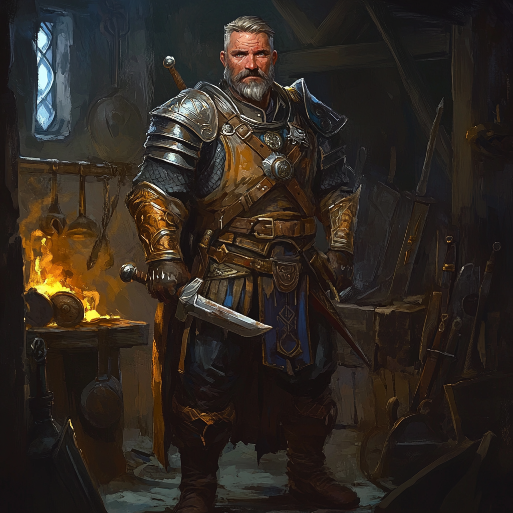 Veteran warrior with armor, hammer and sword at forge.