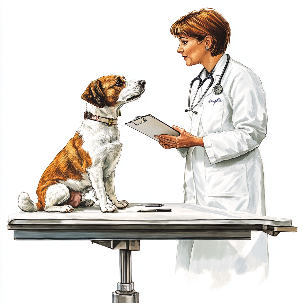 Veterinarian examines dog on medical table, white background.