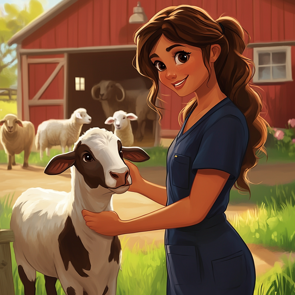 Veterinarian woman in blue scrubs petting cow, goat, sheep.