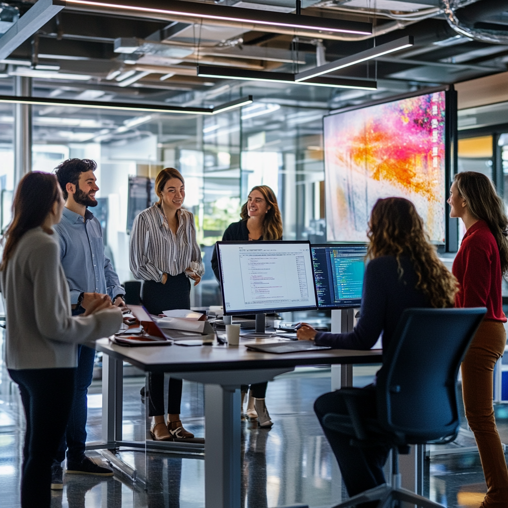 Vibrant, modern tech office with enthusiastic employees collaborating.