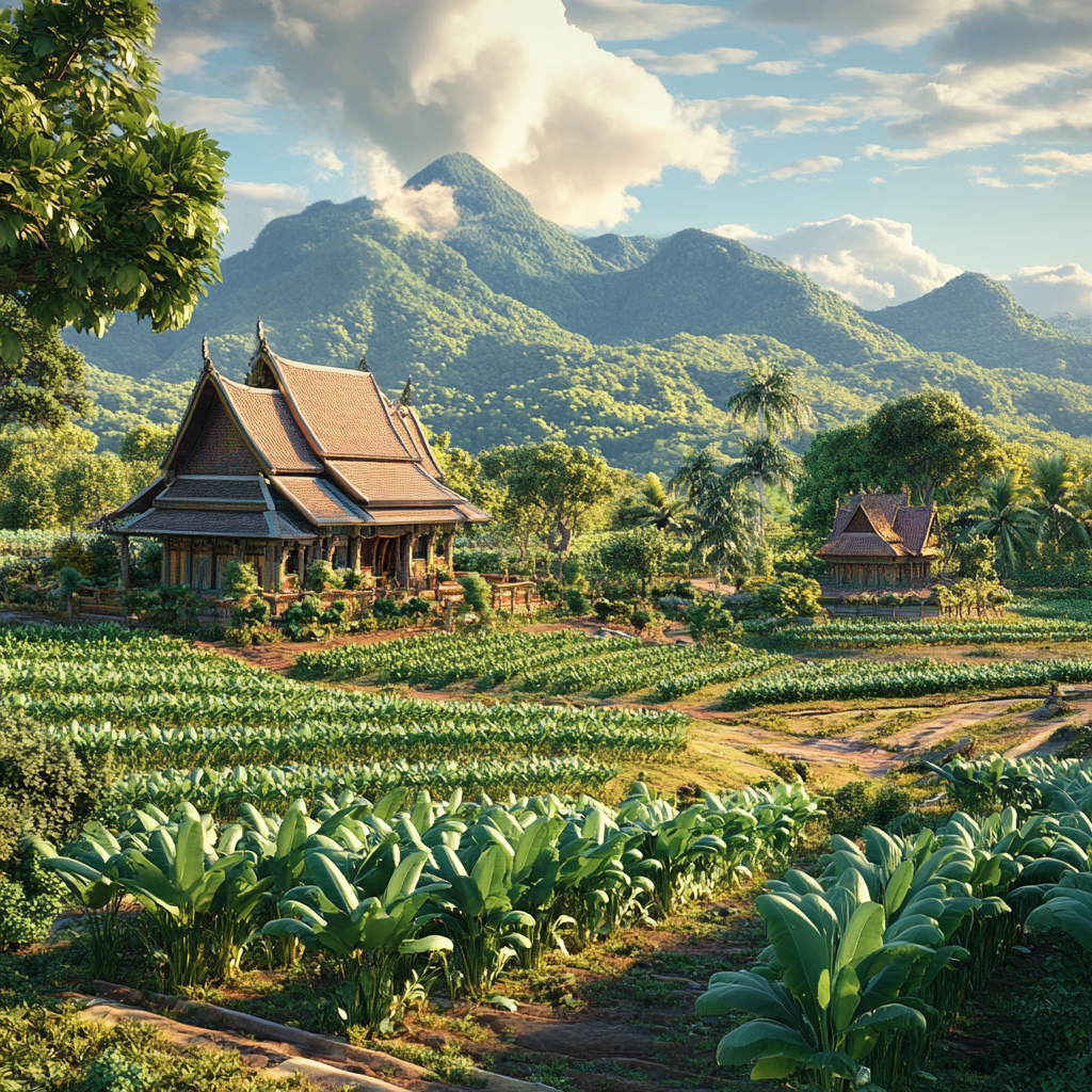 Vibrant 3D Thai landscape with green fields.