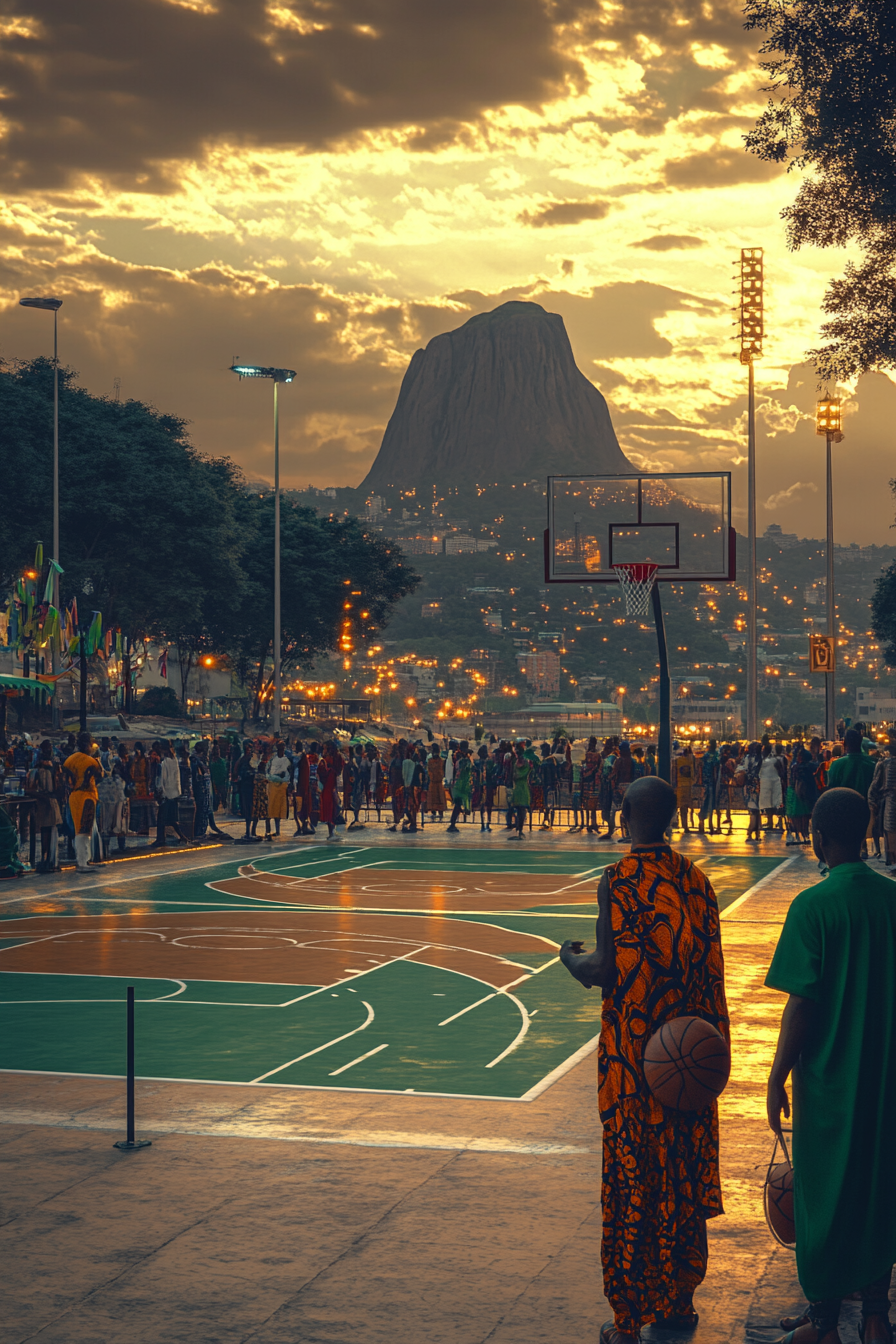 Vibrant Abuja basketball court with Aso Rock backdrop.