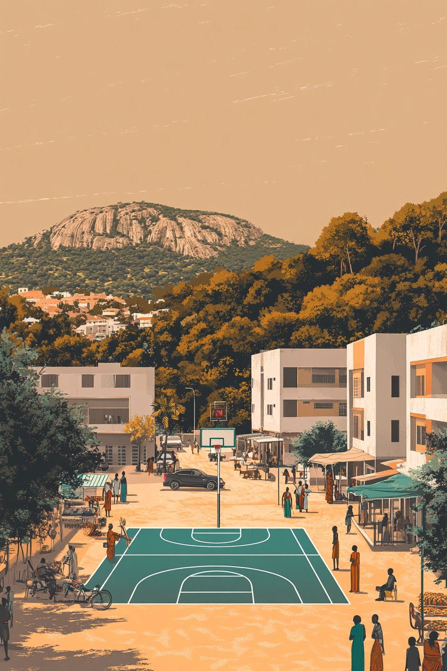 Vibrant Abuja scene with Nigerian flag-inspired basketball court.