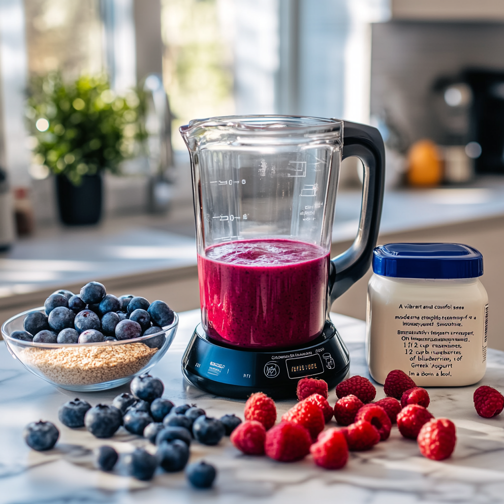 Vibrant Berry Yogurt Smoothie Preparation in Modern Kitchen