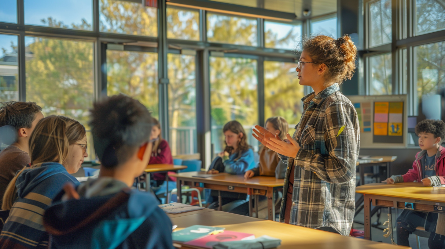 Vibrant Classroom Scene with Engaged History Teacher and Students