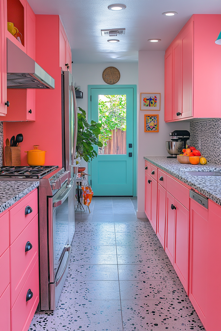 Vibrant Flamingo Pink Eclectic Kitchen with Artistic Atmosphere