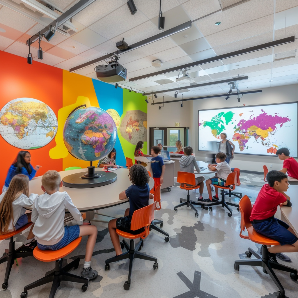 Vibrant Geography Classroom with Interactive Globe and Colorful Maps