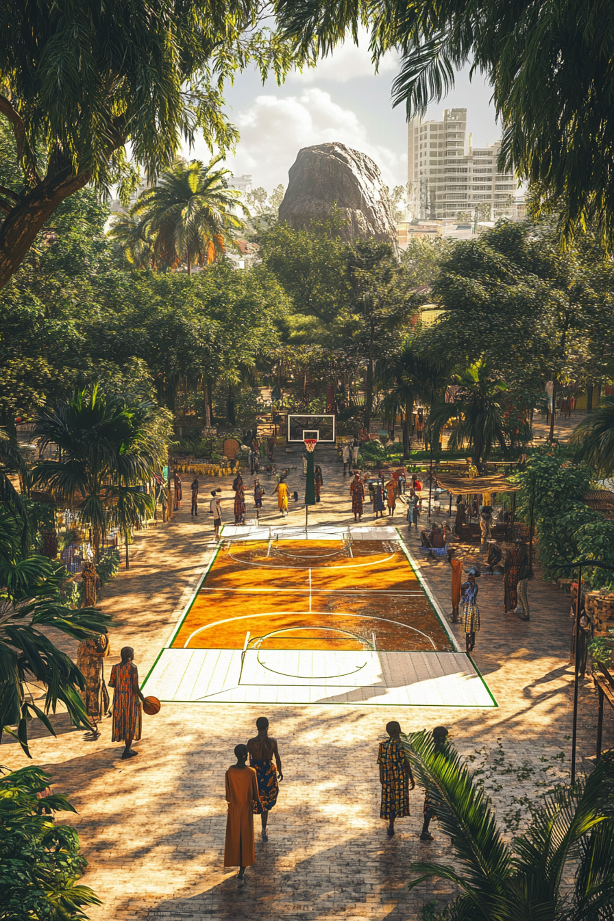 Vibrant Lagos basketball court with Nigerian cultural details.