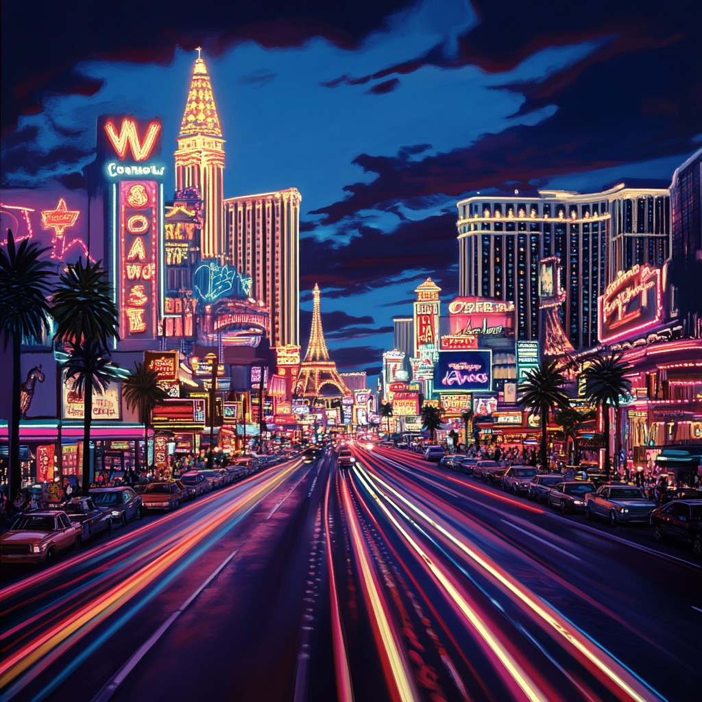 Vibrant Las Vegas night scene with iconic gambling elements.