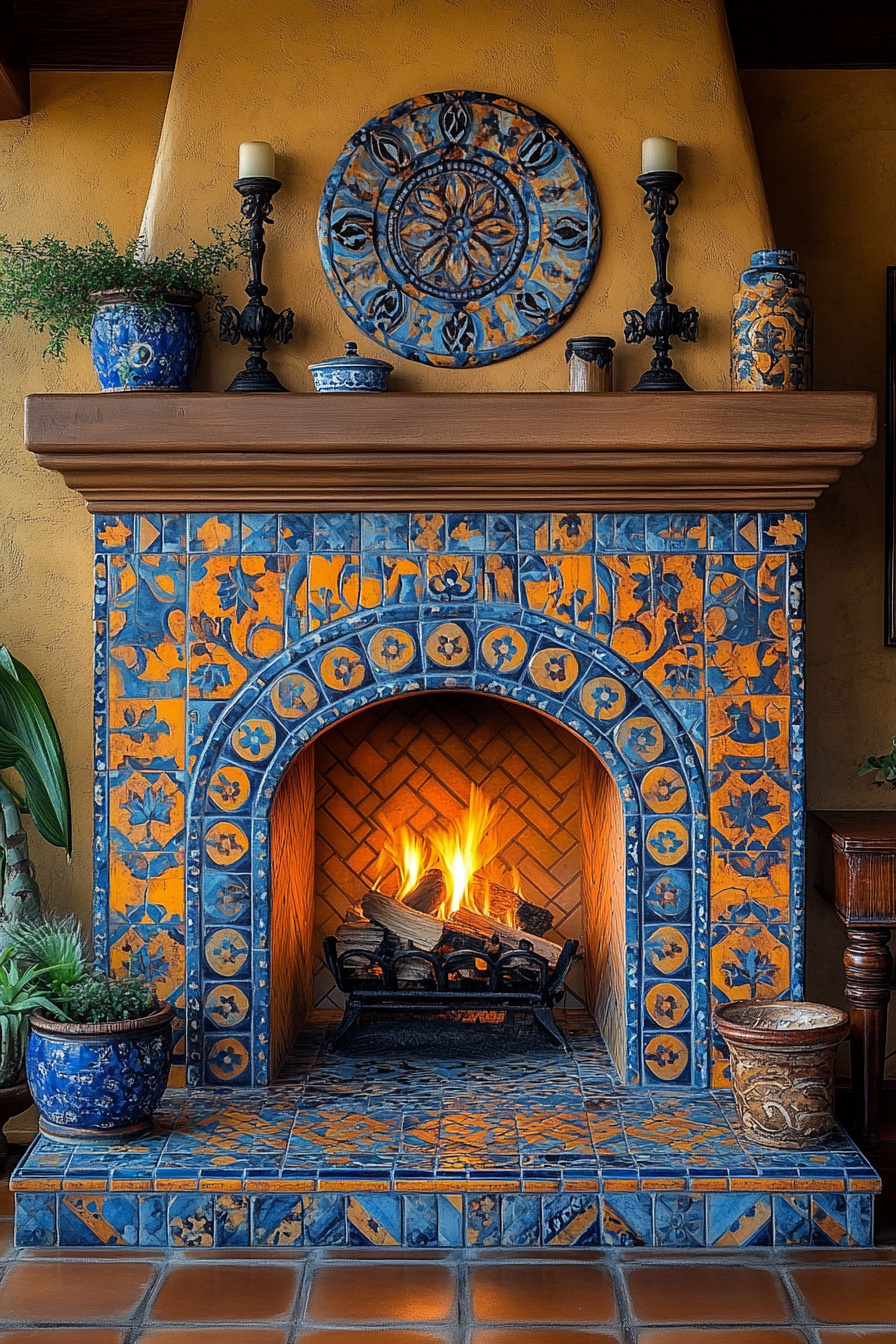 Vibrant Mediterranean tile fireplace in sunlit villa room.