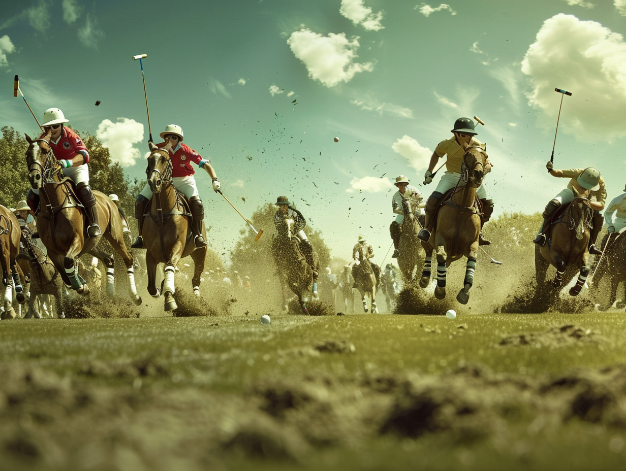 Vibrant Men's Polo Game Advertisement-galloping horses, intense swings