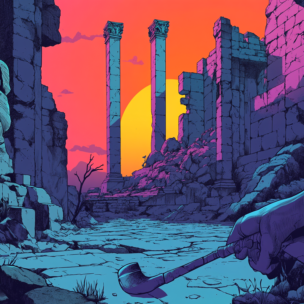 Vibrant Moebius Artstyle in Ancient Ruins Video Game