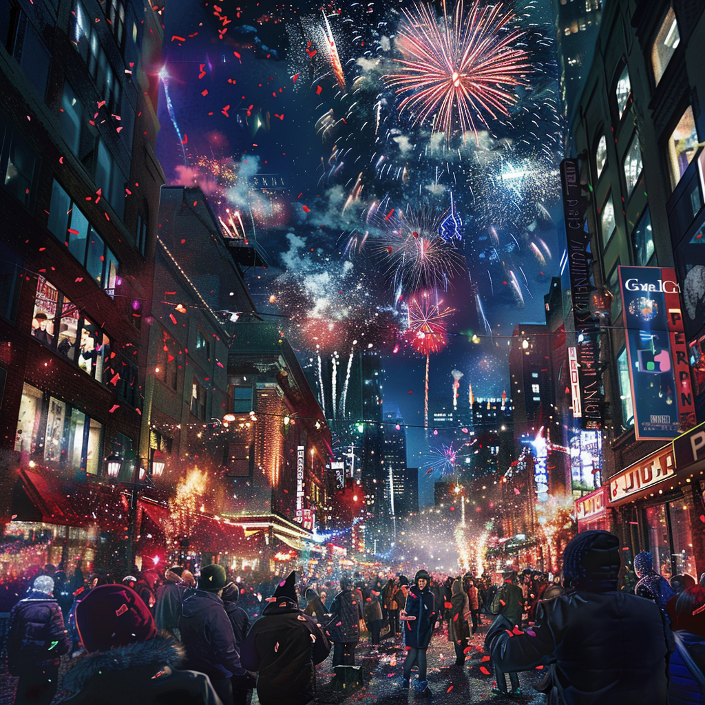 Vibrant New Year's Eve fireworks light up city street