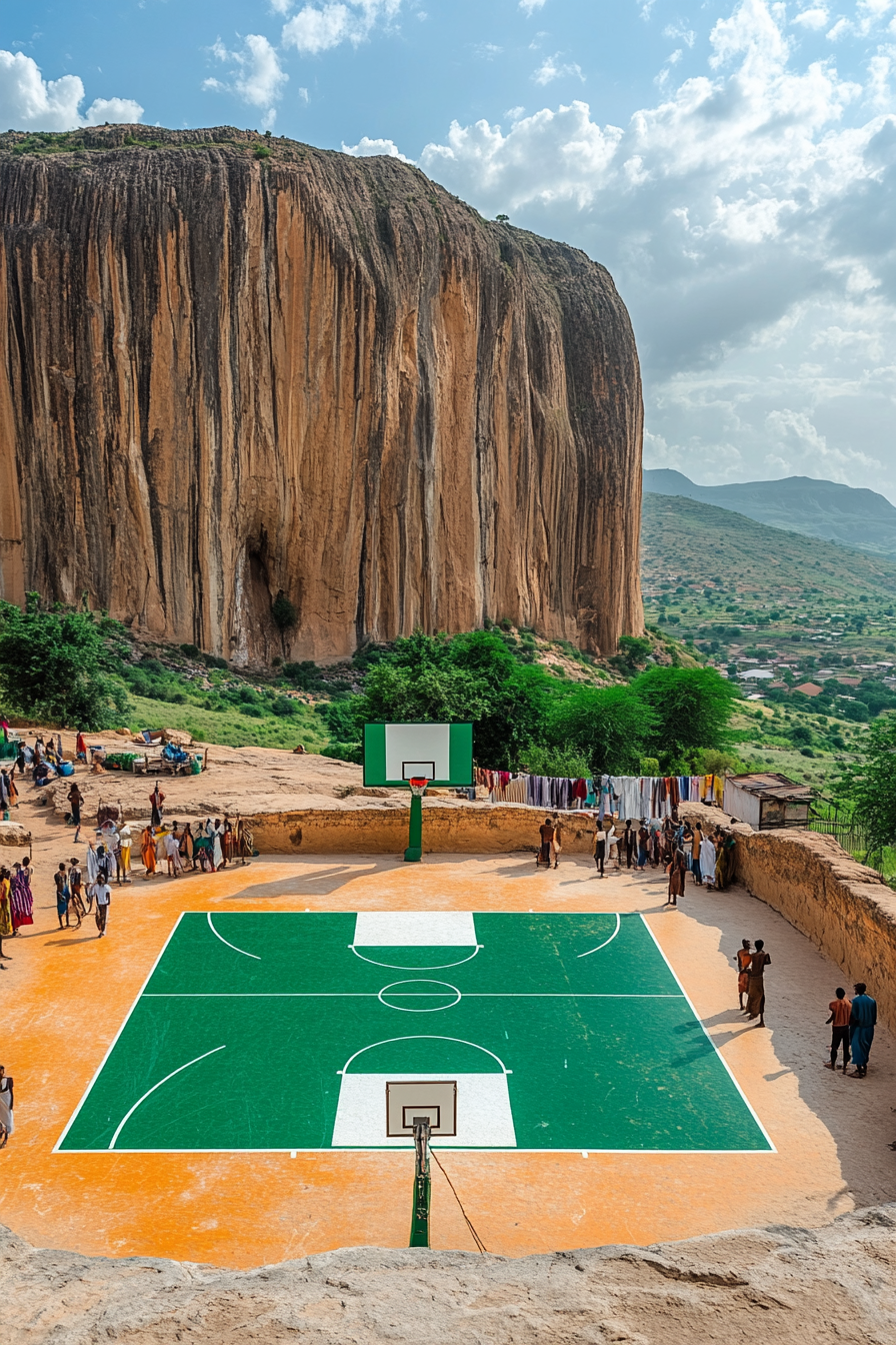 Vibrant Nigerian basketball scene with flag backdrop, natural beauty.