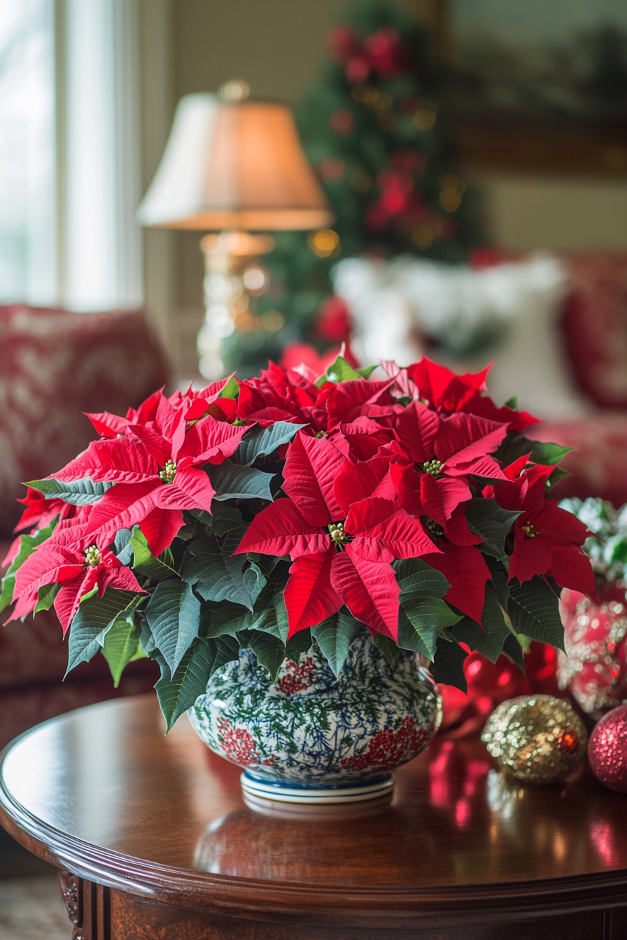 Vibrant Poinsettias Brighten Festive Christmas Living Room