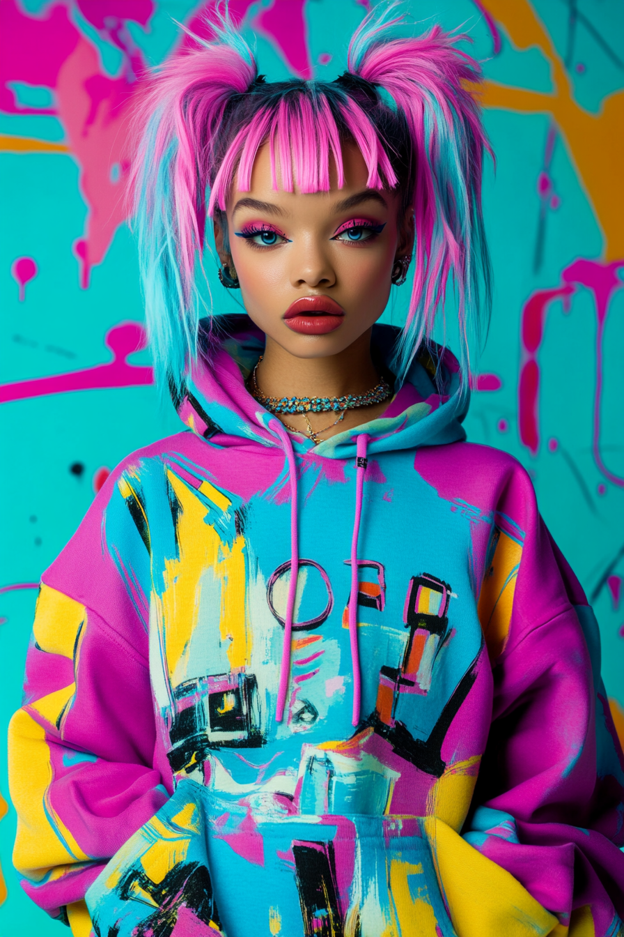 Vibrant Pop-Art Portrait of Neon-Haired, Stylish Young Woman