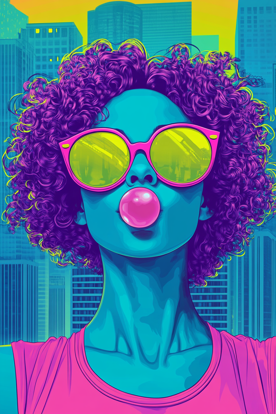 Vibrant Pop Art Style Poster: Confident Woman Bubble Gum