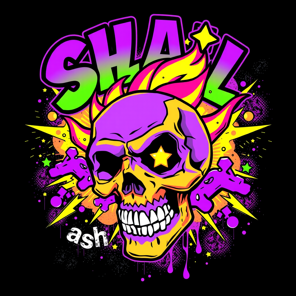 Vibrant Skull Streetwear Graphic with Graffiti Text