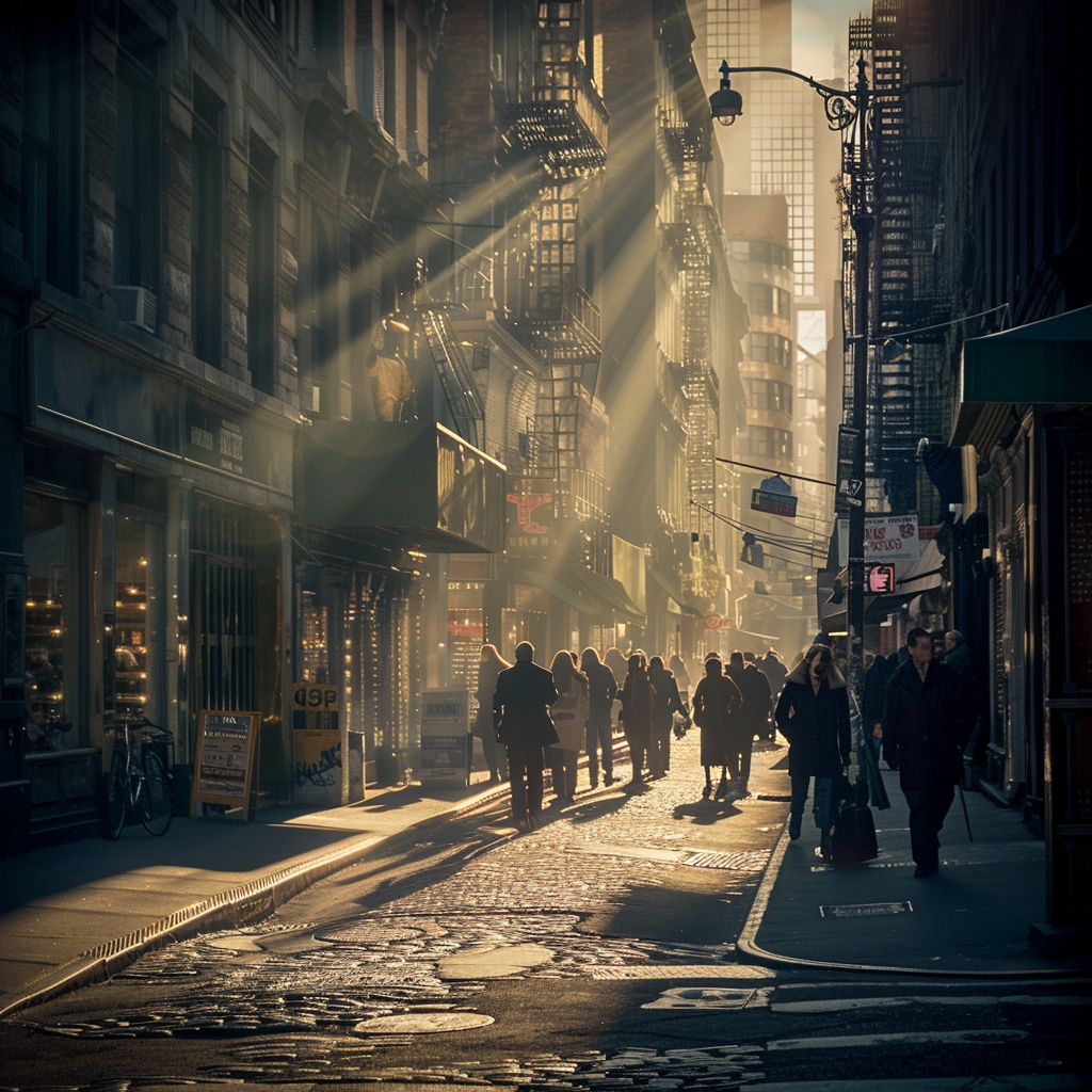 Vibrant Soho street with stylish shops and graffiti art.