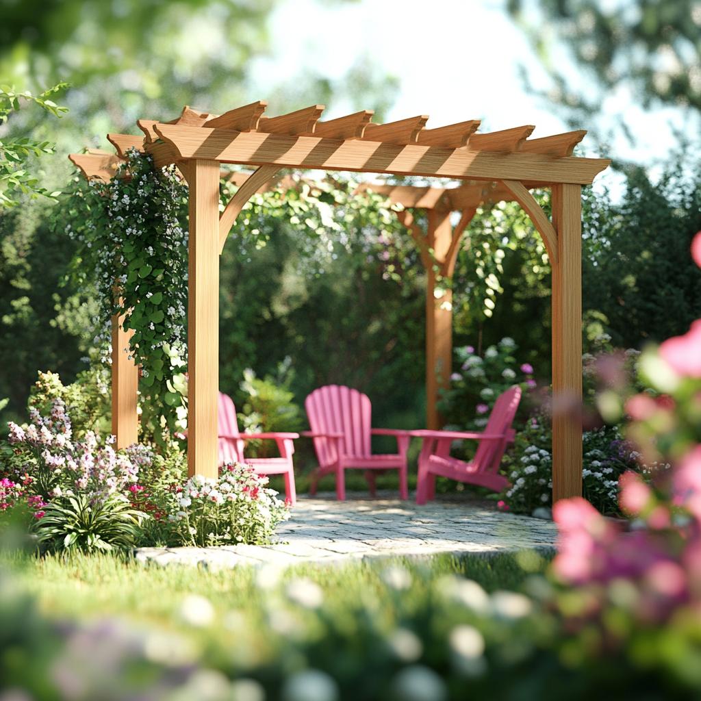 Vibrant Spring Garden Pergola Scene outdoors nature wood structures