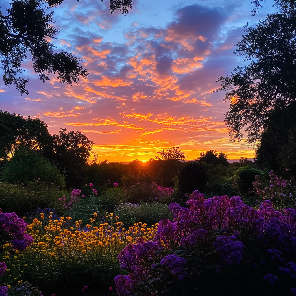 Vibrant Sunset Landscape with Silhouettes of Flowers and Trees