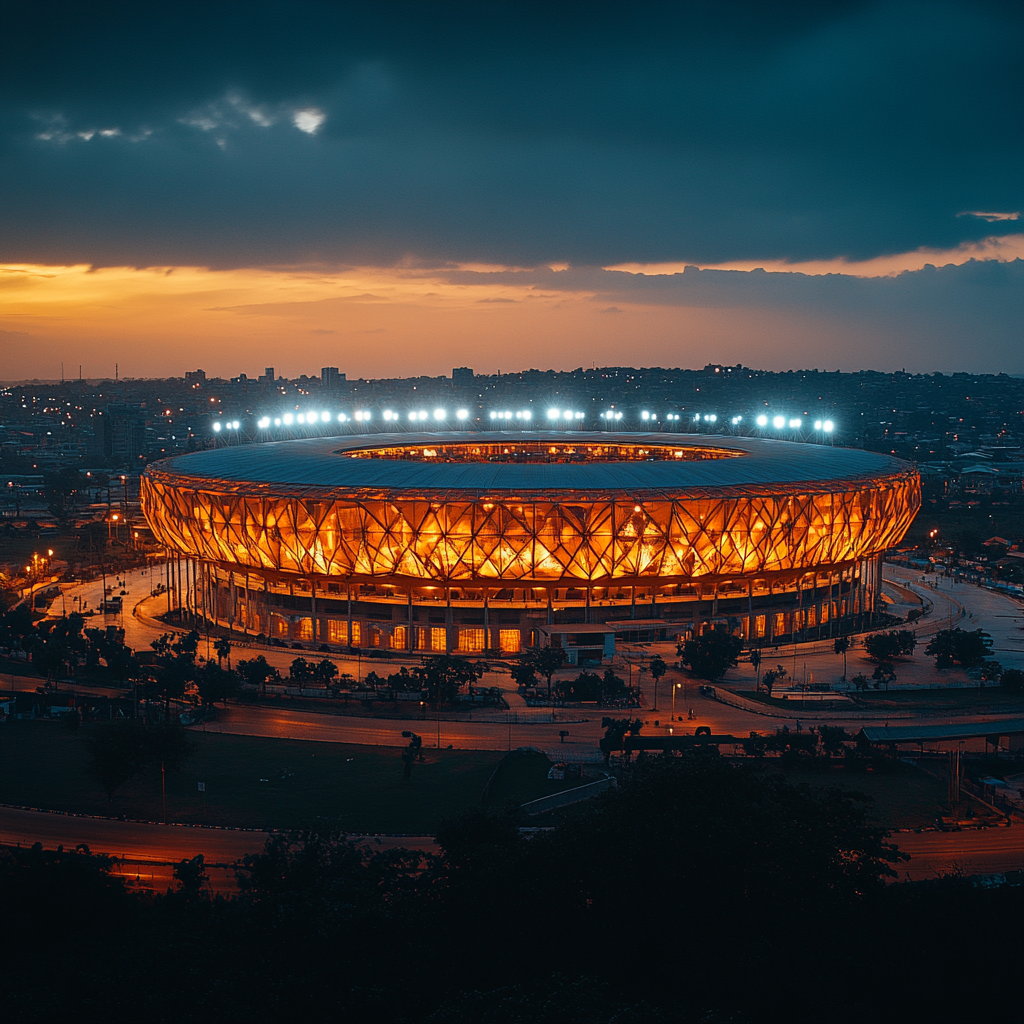 Vibrant Tanzania Football Stadium Glowing in Evening Light