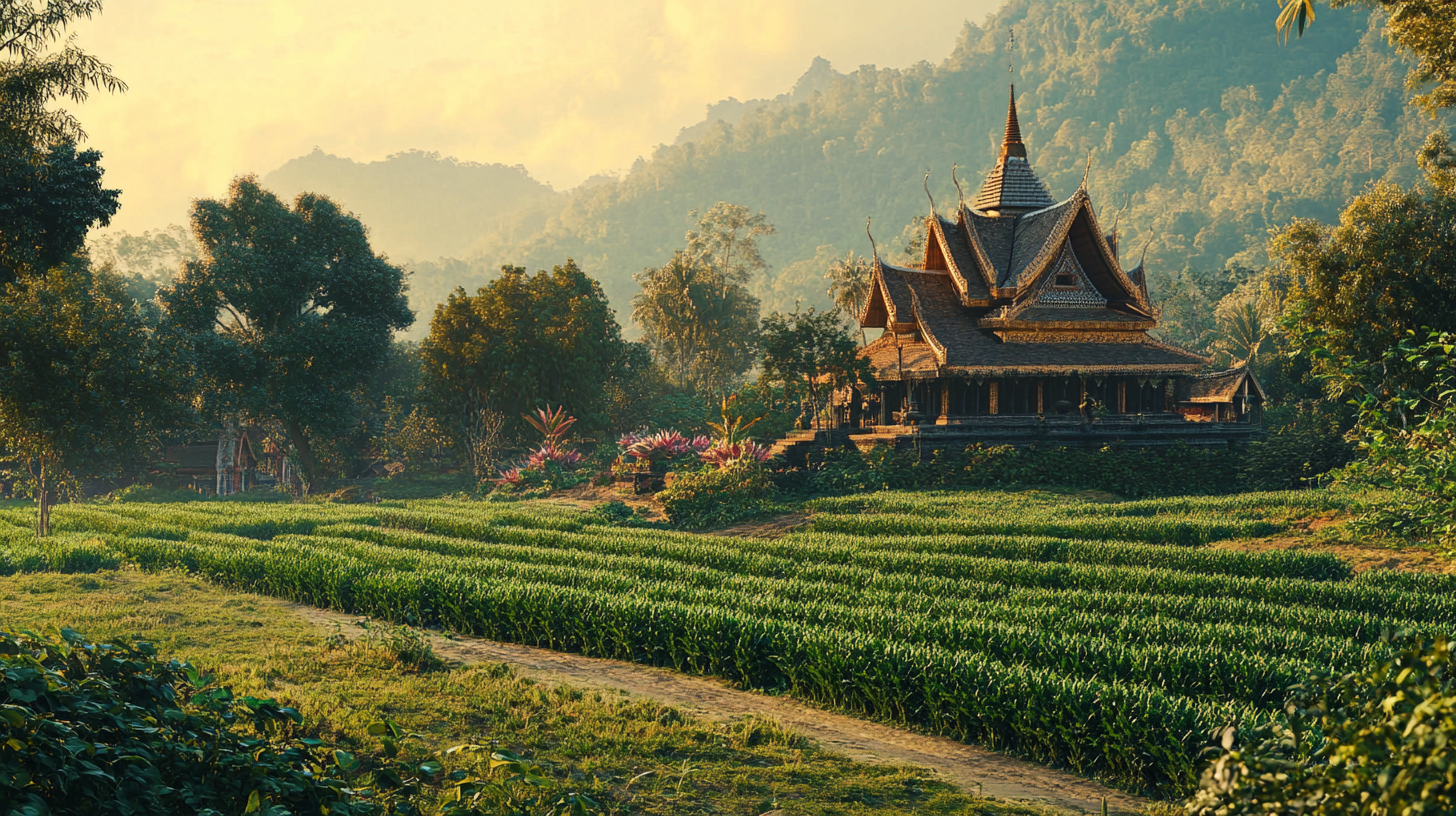 Vibrant Thai-style landscape with green fields and plantations 