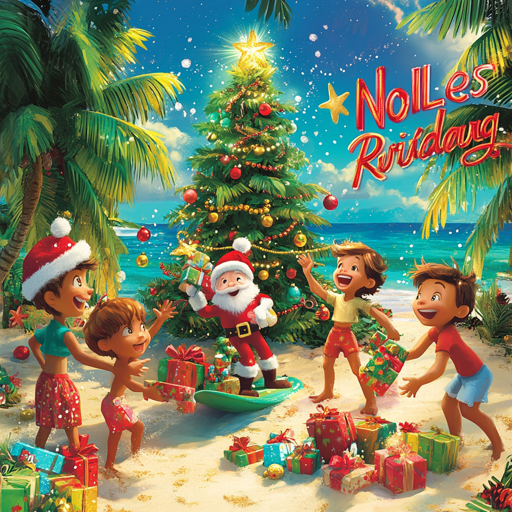 Vibrant Tropical Christmas Beach Scene for Children - Pixar Style