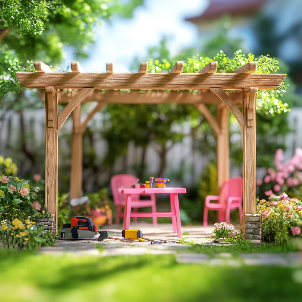 Vibrant Wooden Garden Pergola in Spring Backyard 