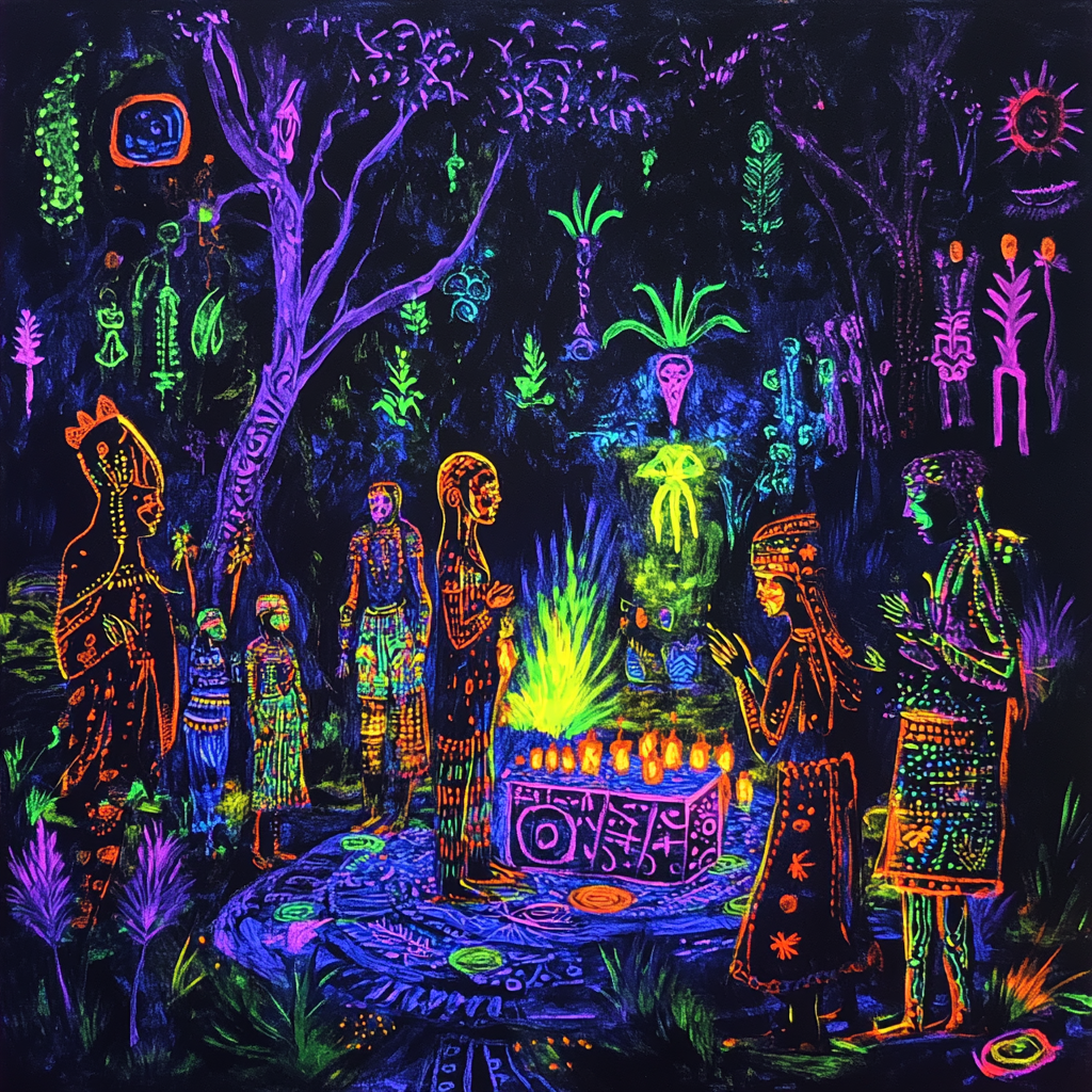 Vibrant black light painting of West African Voodoo ceremony.