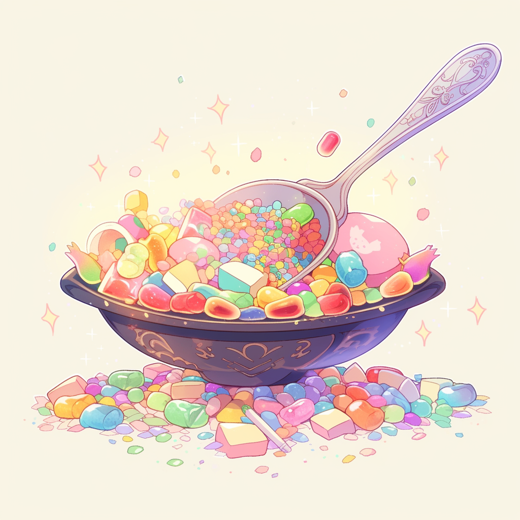 Vibrant candy scoop lifting colorful sweets, kawaii background.