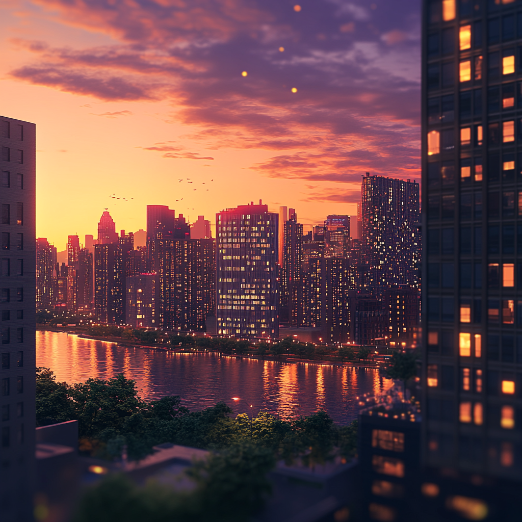 Vibrant city sunset with modern and classic buildings