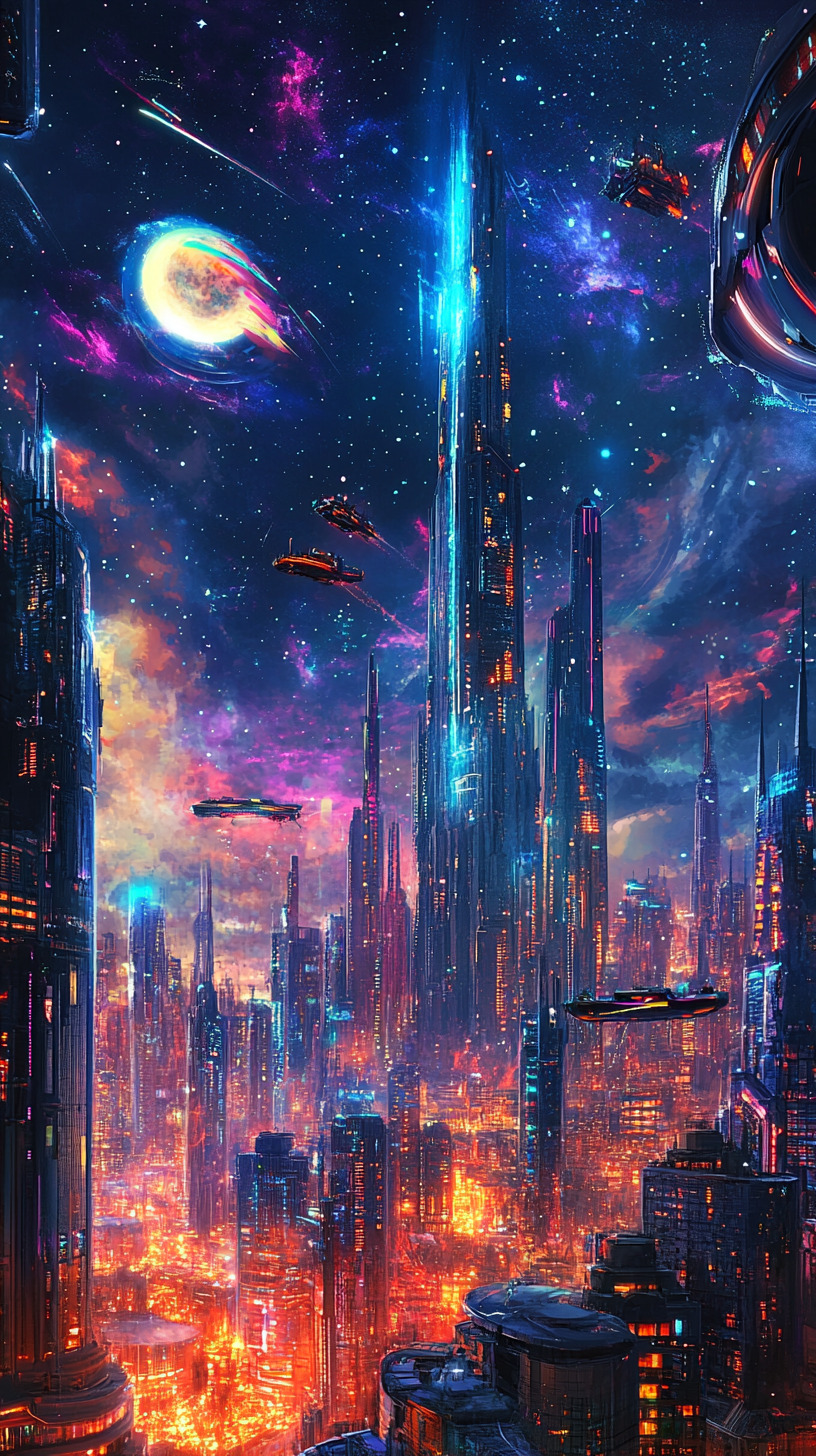 Vibrant cyberpunk city skyline with neon-lit skyscrapers