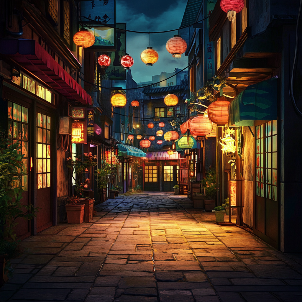 Vibrant downtown back alley with Asian-style awning lanterns.