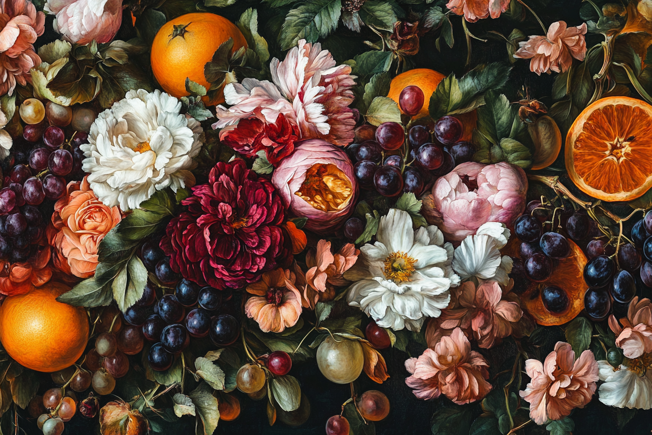 Vibrant flowers, fruits against dark background in mural. Luxurious.