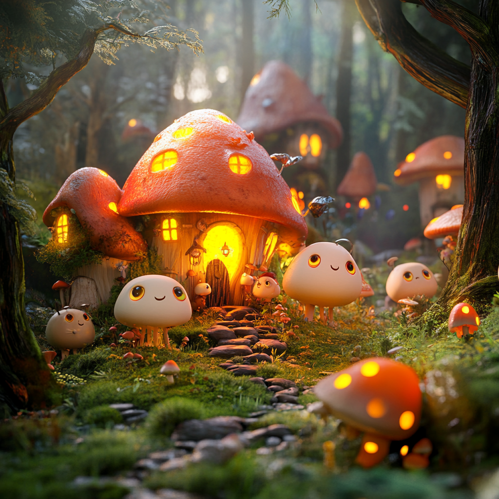 Vibrant forest village with glowing mushrooms and fluffly creatures.