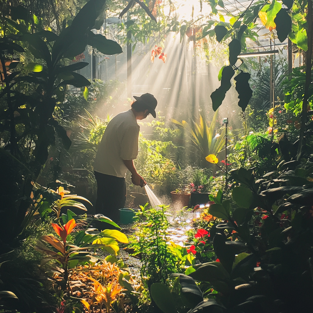 Vibrant garden, gardener watering plants, morning sunlight