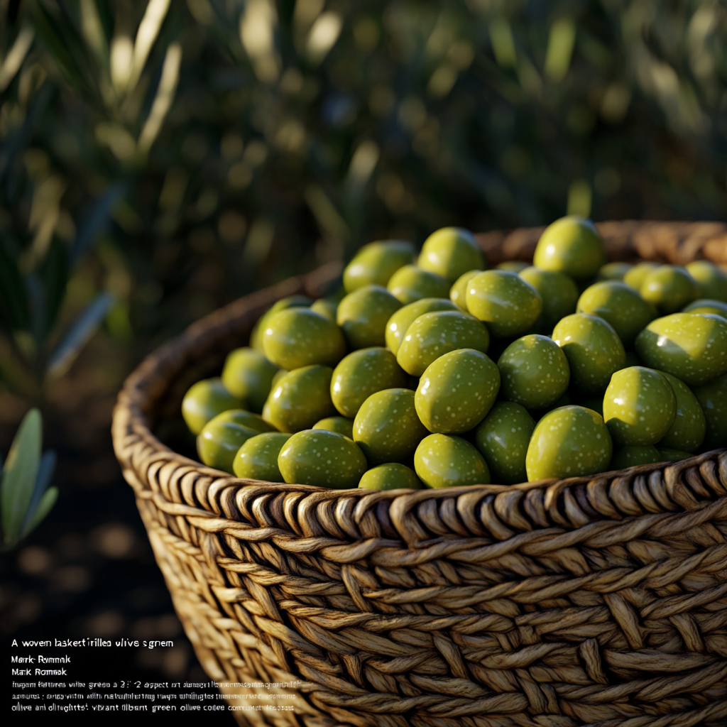 Vibrant green Iranian olives in woven basket