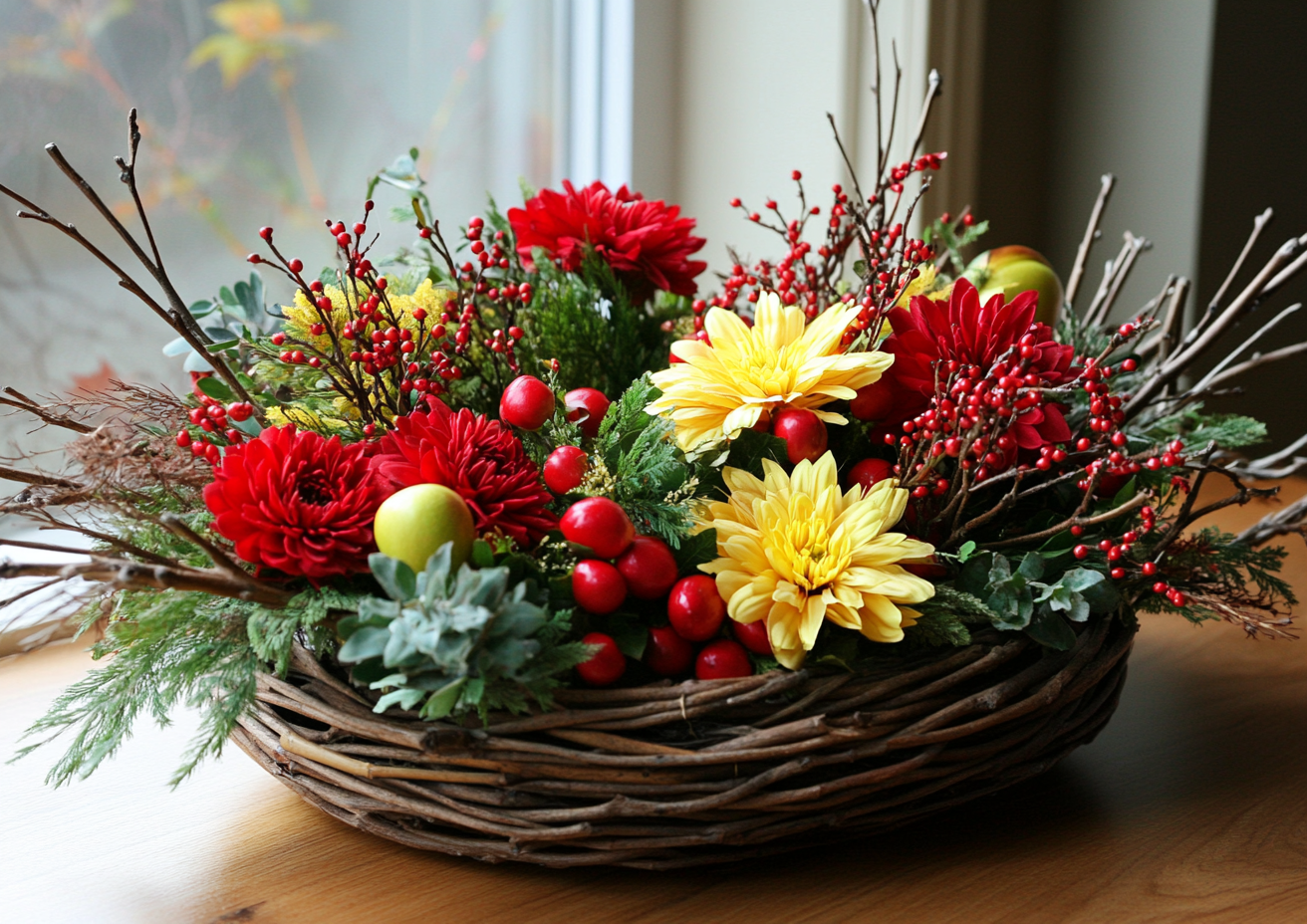 Vibrant holiday flower bouquets with natural branches.