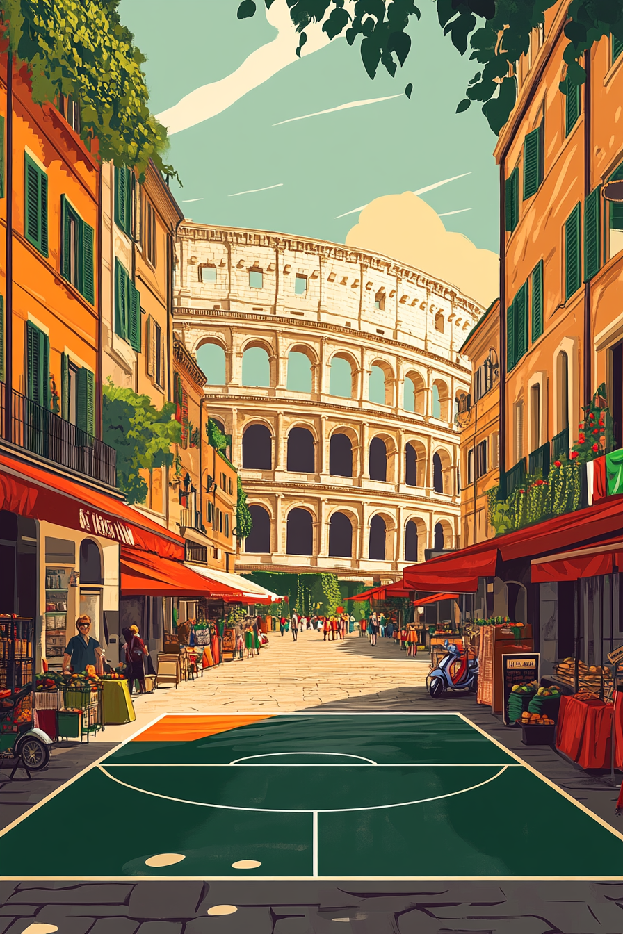 Vibrant illustration of Italian street scene with basketball court.