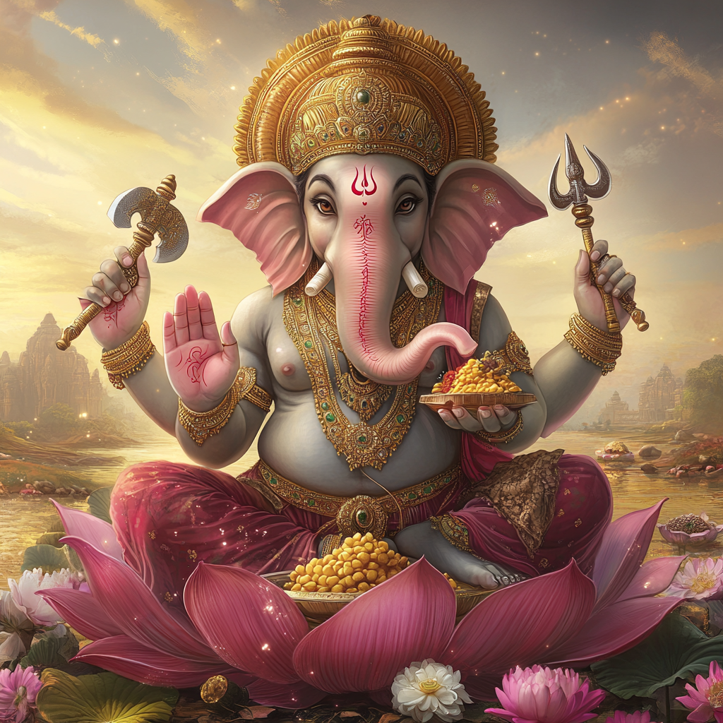 Vibrant image of Lord Ganesh seated on lotus, adorned.