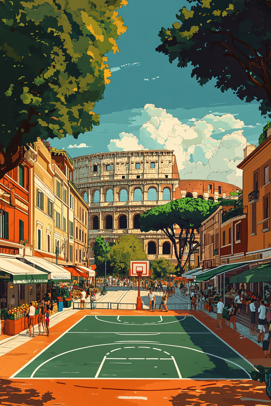 Vibrant minimalist realism style illustration of an Italian scene.