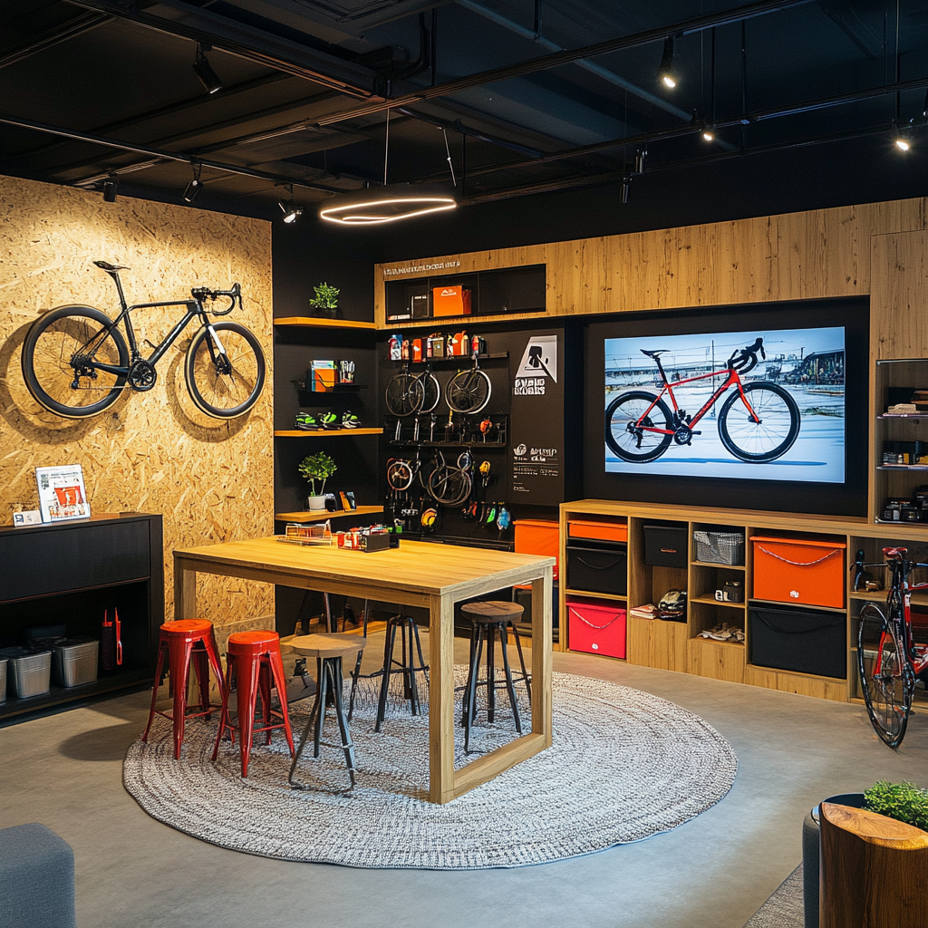 Vibrant modern Triathlon training TV set with bike workshop.