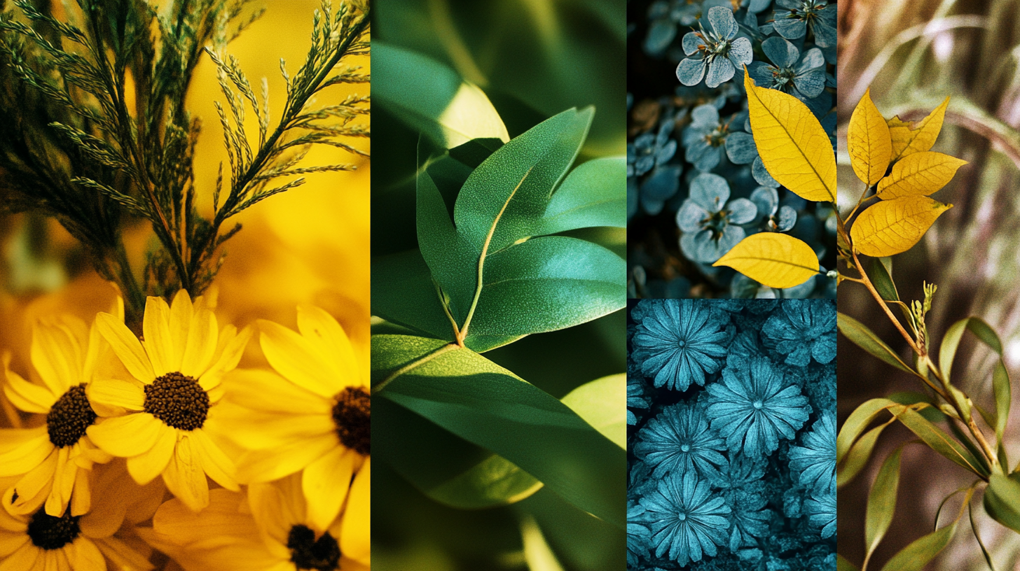 Vibrant nature mood board with yellow, green, blue.