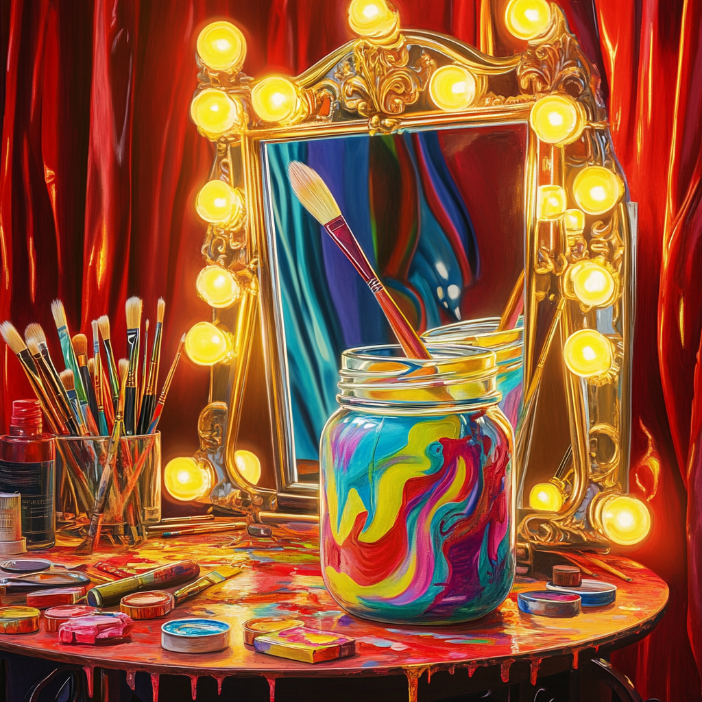 Vibrant paint jar admires itself in glamorous mirror.