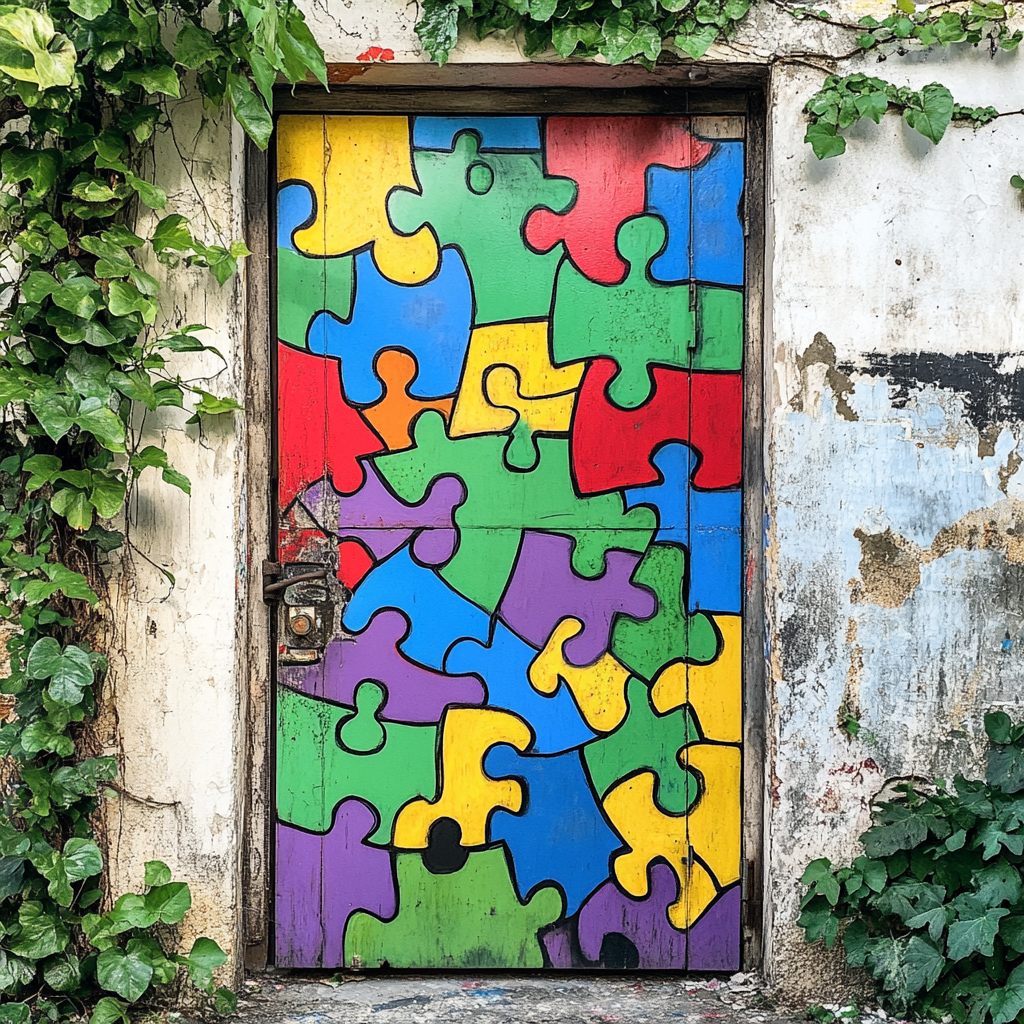 Vibrant painted door with interlocking puzzle pieces, blending colors.