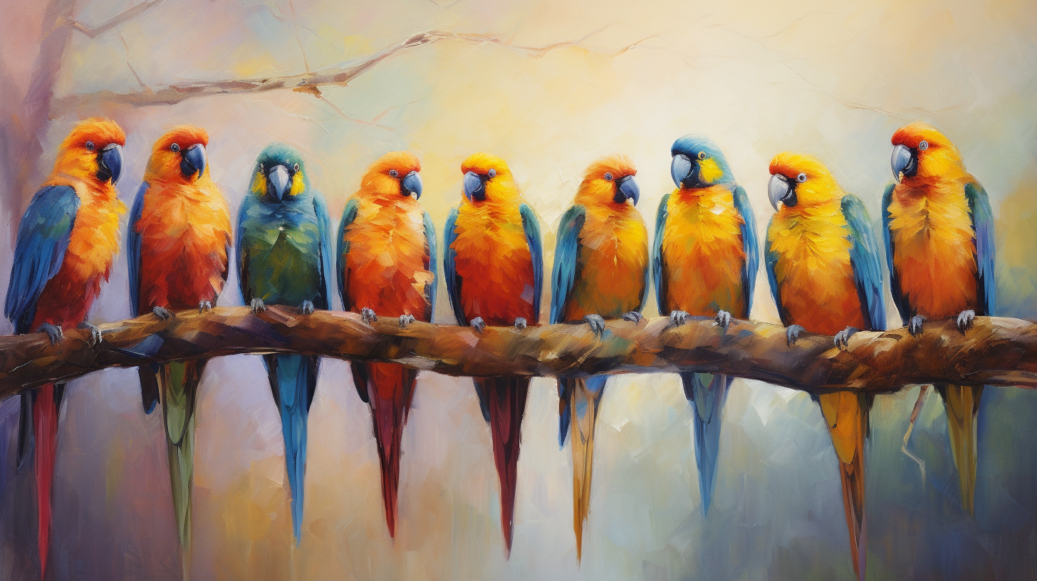 Vibrant parrots in bold oil painting on branch branch